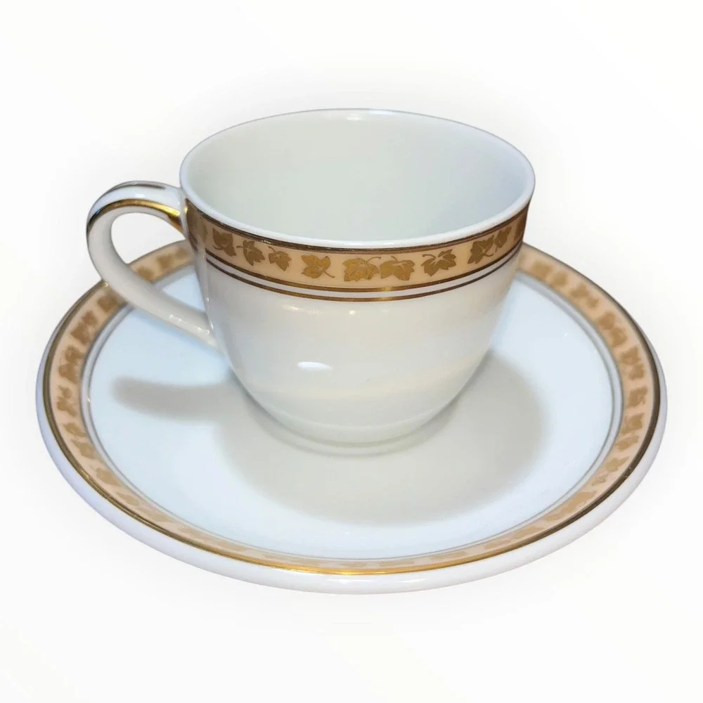 Noritake Gold Ivy Leaf Tea Cup and Saucer Set White Fine China Made in Japan